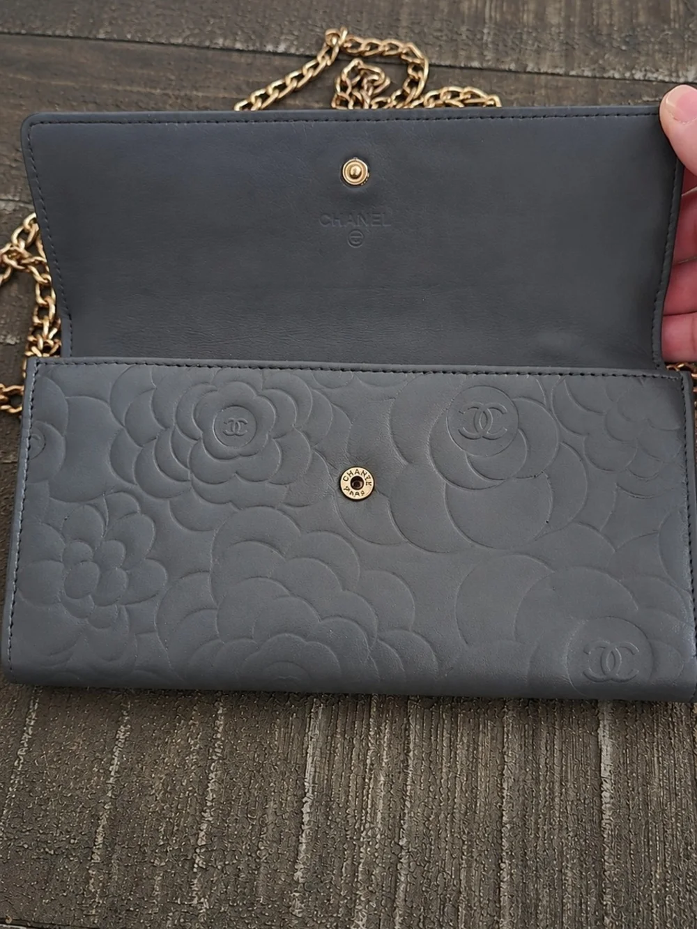 Chanel Quilted Camellia Leather Chain Wallet - Gray